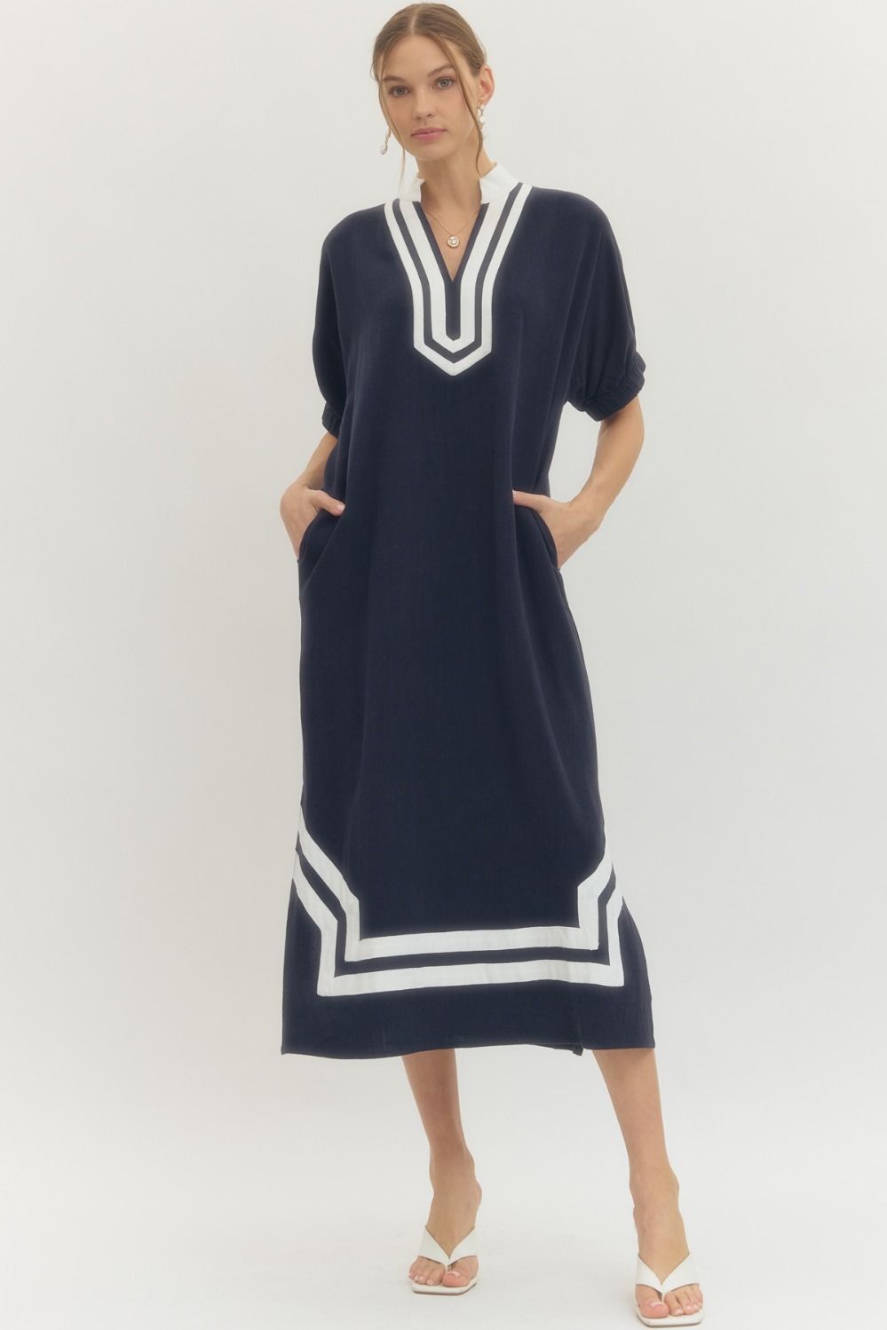 Rayna Raglan Sleeve Contrast Trim Midi Dress