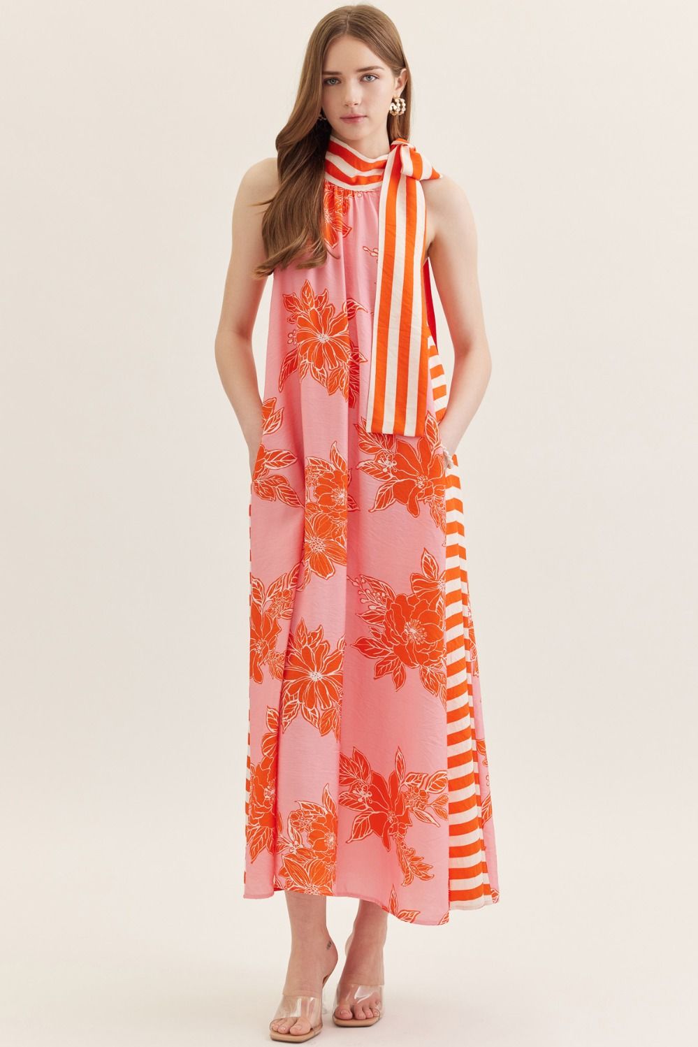 Lexie Botanical Stripe Mix Tie Neck Midi Dress