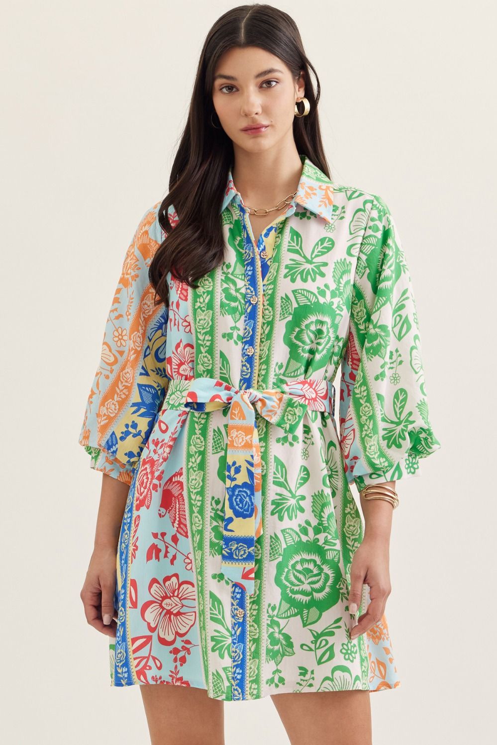Brylee Botanical Print Tie Waist Mini Dress