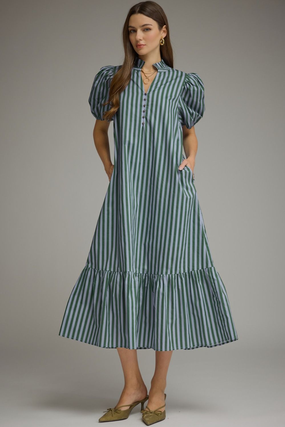 Beth Striped Puff Sleeve Midi Dress