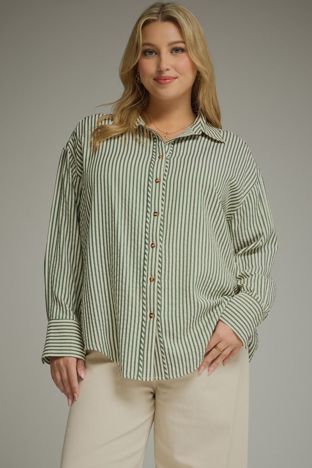 Curvy Savannah Striped Button Down Top