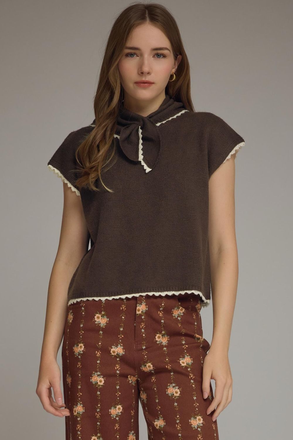 Alisa Brown Knit Scarf Tie Neck Top