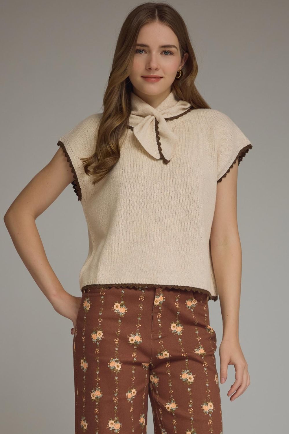 Genivive Cap Sleeve Knit Top with Attached Scarf