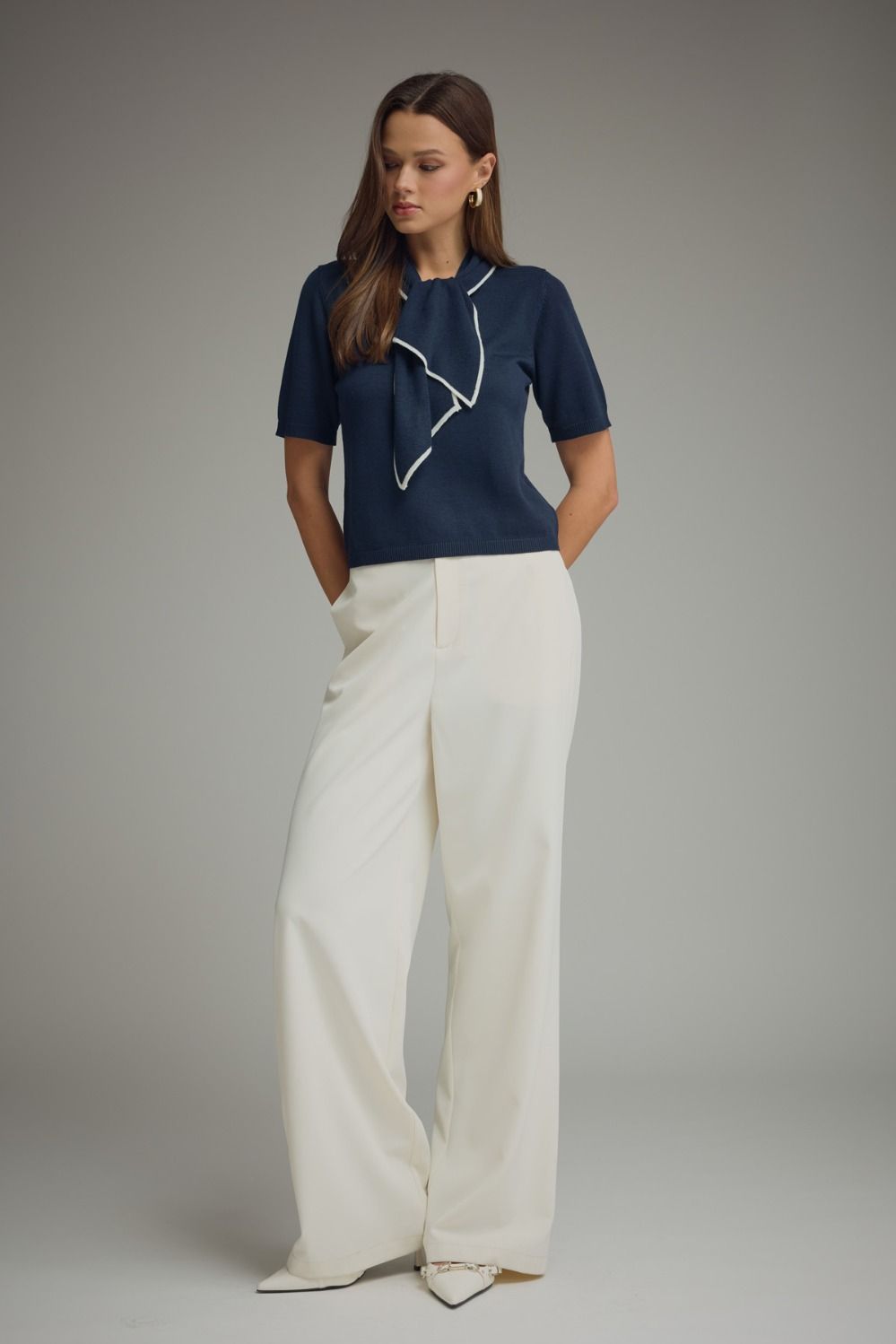 Kassy Knit Tie Neck Contrast Trim Top