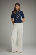 Kassy Knit Tie Neck Contrast Trim Top
