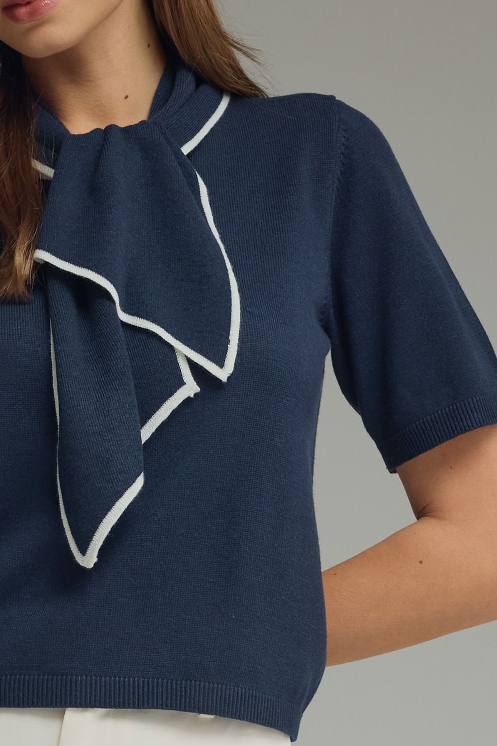 Kassy Knit Tie Neck Contrast Trim Top