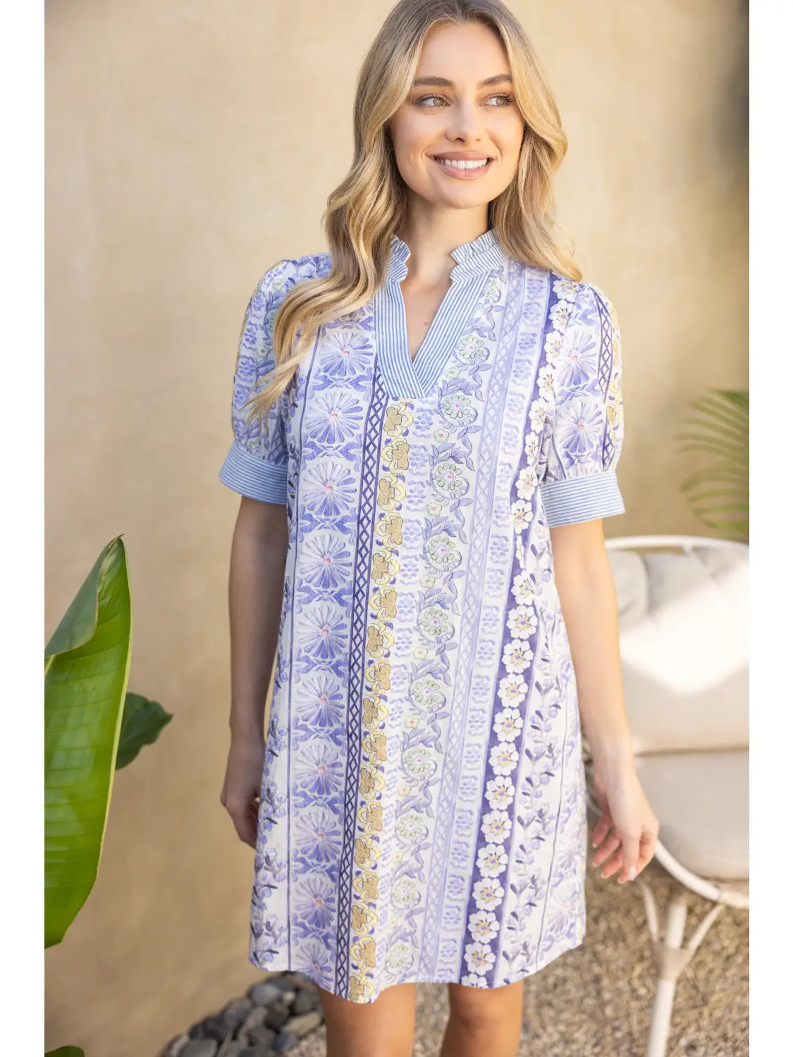 Felicity Floral Embroidery Stripe Trim Detail Shift Dress