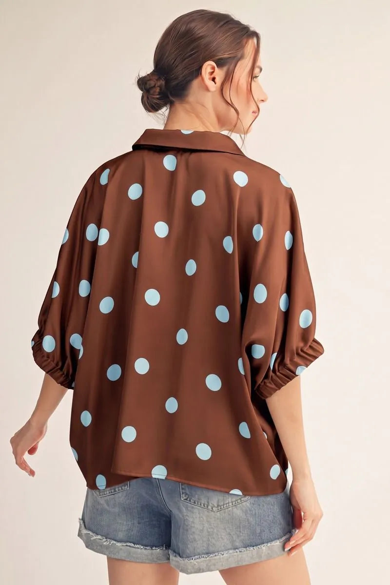 Persephone Satin Polka Dot Top Brown