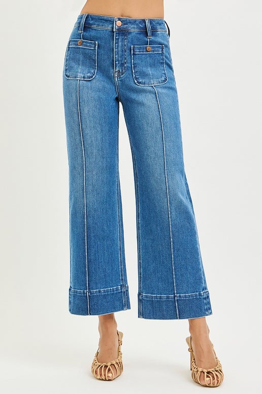 Laurie Front Pintuck Patch Crop Wide Jeans