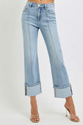 Risen Light High Rise Ankle Straight Wide Cuff Jeans