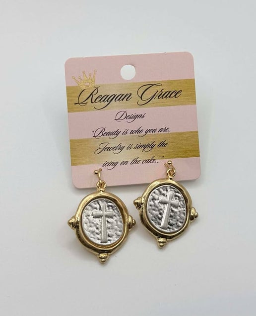 RG Gold Hammered Silver Cross Earrings