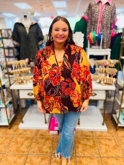 Curvy Jenny Brown Pink Combo Printed Top
