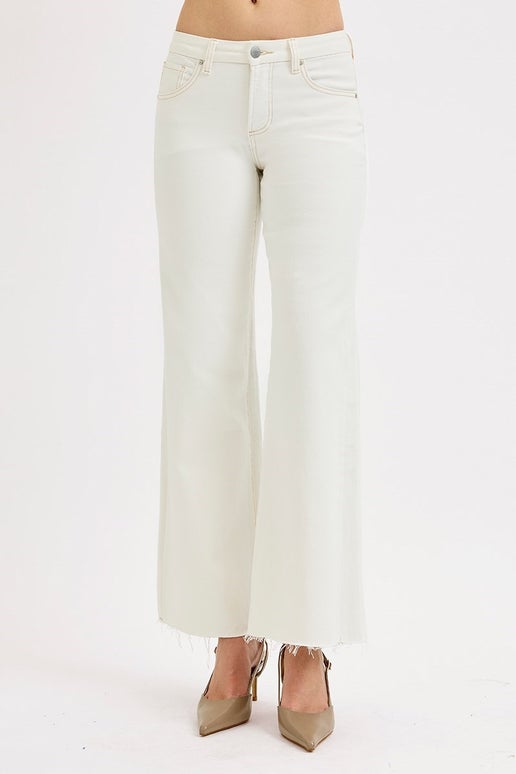 Risen Frayed Bottom Cream Jeans