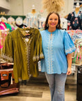 Curvy Mya Solid Embroidered Bubble Sleeve Top
