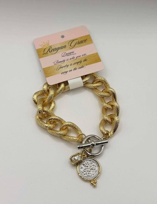 RG Gold Linked Mixed Metal Charm Bracelet