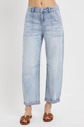 Curvy Linda Light Wash Barrel Risen Jeans