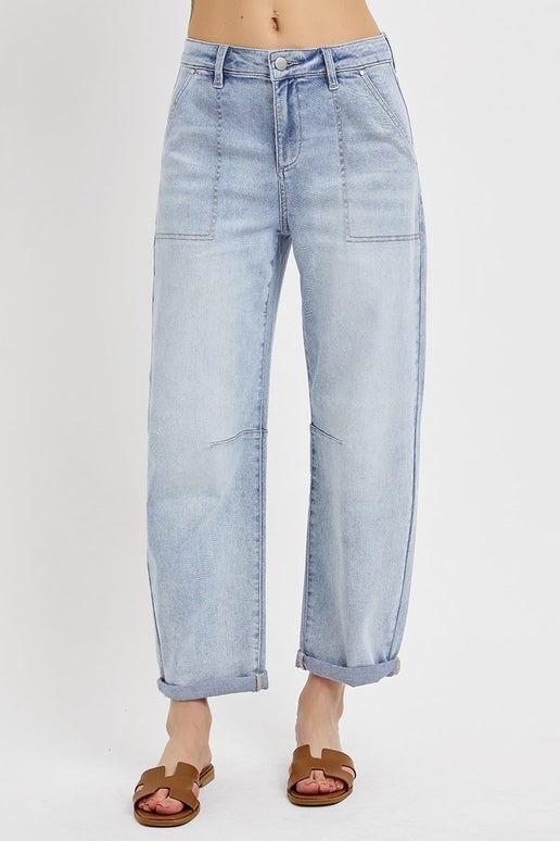 Curvy Linda Light Wash Barrel Risen Jeans