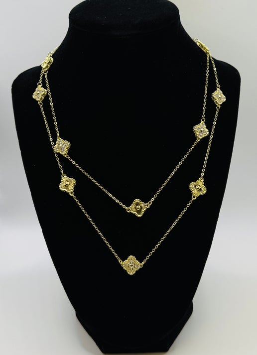 RG Long Gold/Crystal Clover Necklace