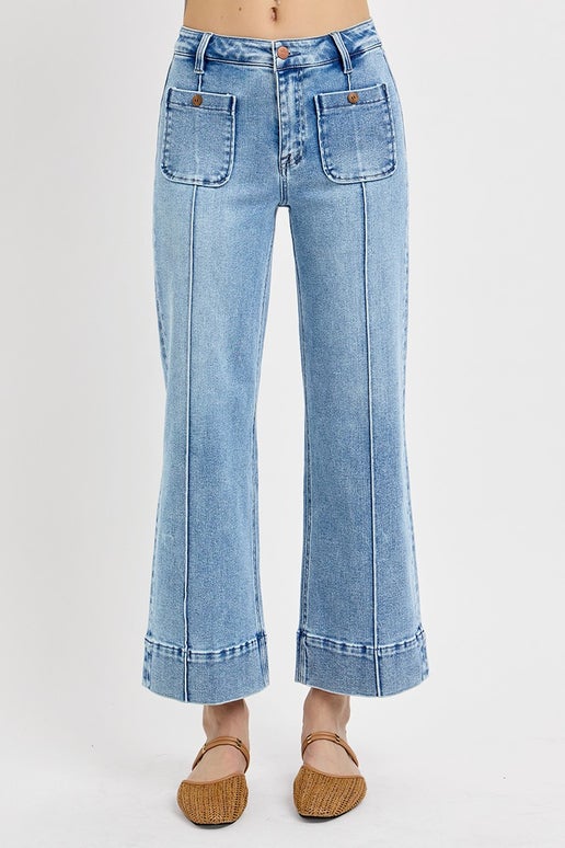 Laurie Front Pintuck Patch Crop Wide Jeans