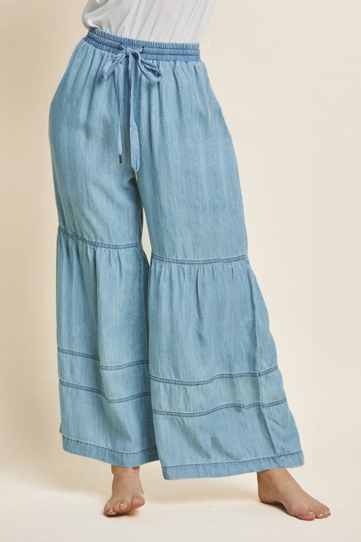 Curvy Charlie Chambray Tiered Wide Leg Pants