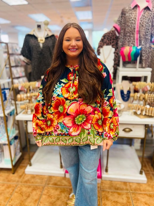 Curvy Jenna Floral Border Printed Top