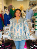 Curvy Steel Blue Floral Ruffled Sleeve Top