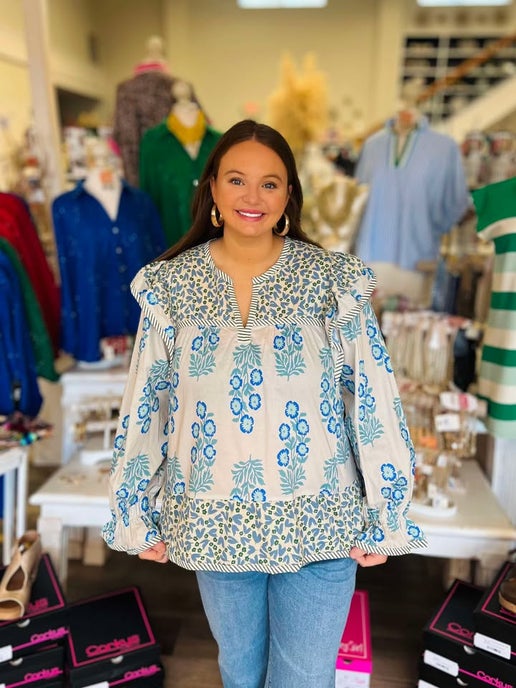 Curvy Steel Blue Floral Ruffled Sleeve Top