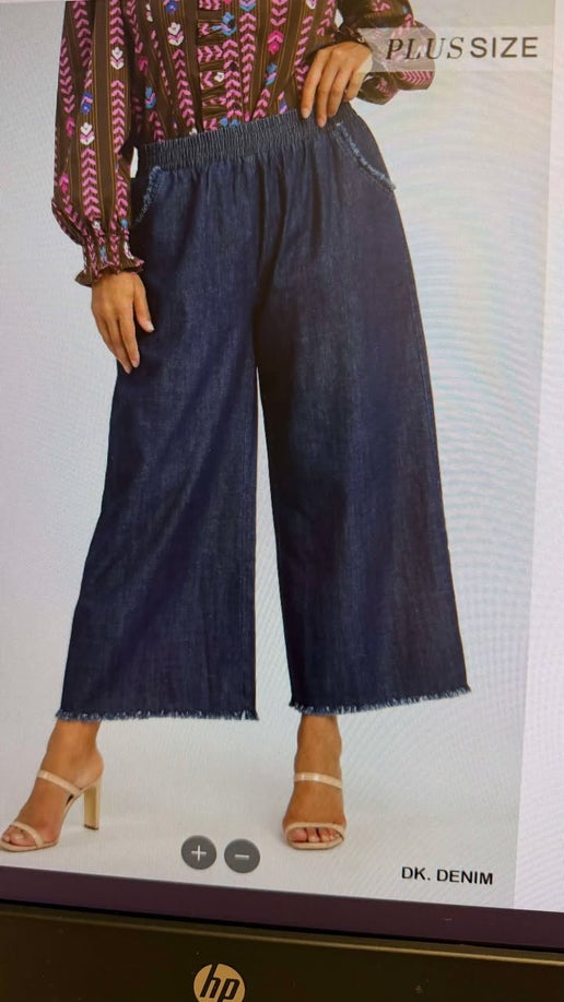 Curvy Washed Denim Fringe Hem Pants