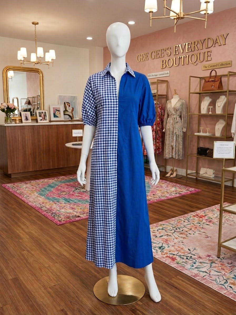 Adrienne Blakely Split Color Royal Gingham Maxi Dress