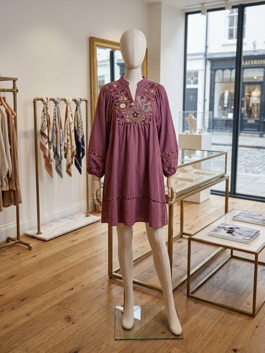 Leona Floral Embroidered Dress with Leopard Trim