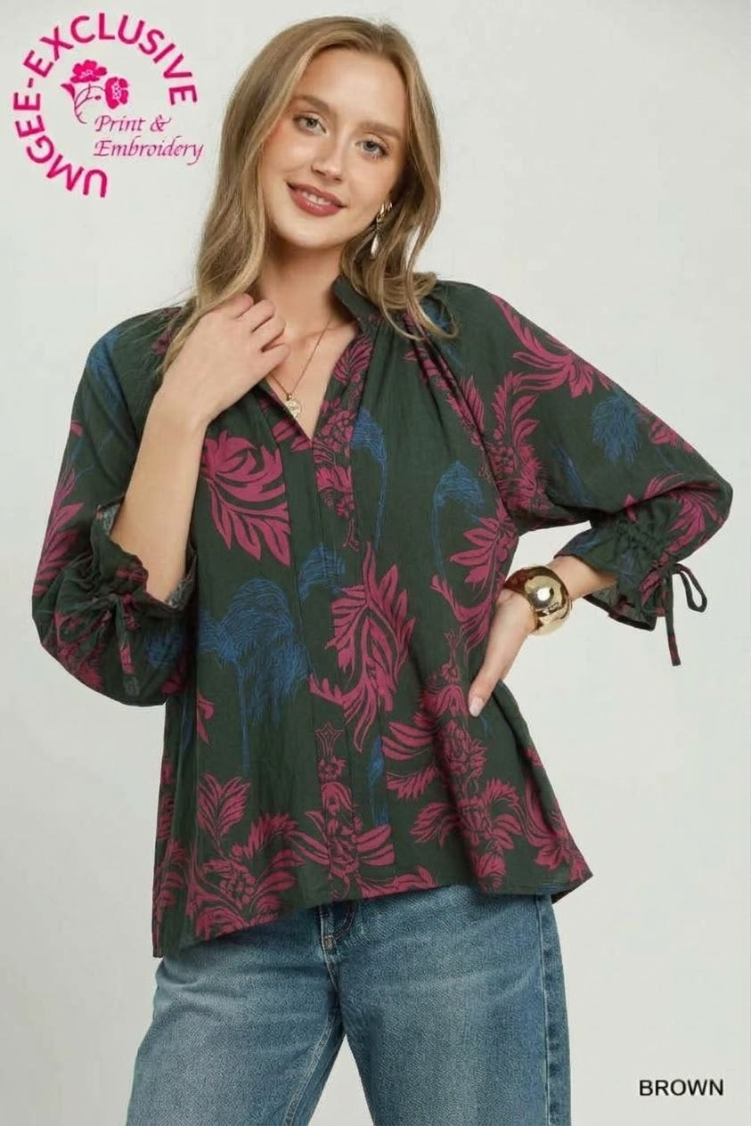Gayle Botanical Print Split Neck Blouse