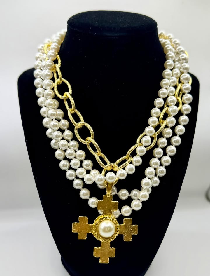 Susan Shaw 4 Strand Pearl Cross Necklace