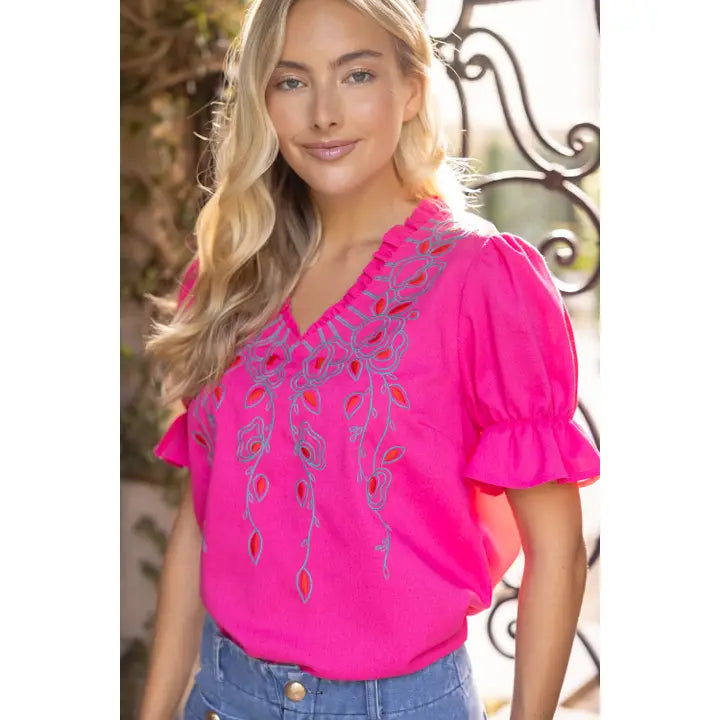 Daegan Ruffled Embroidered Detail V Neck Floral Top